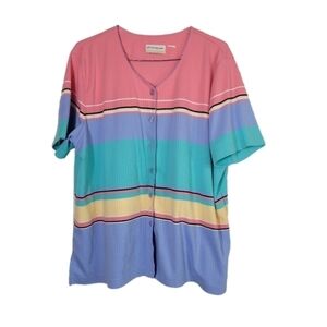 Alfred Dunner Pastel Wide Striped Button Down Knit Top- 90's Granny Core